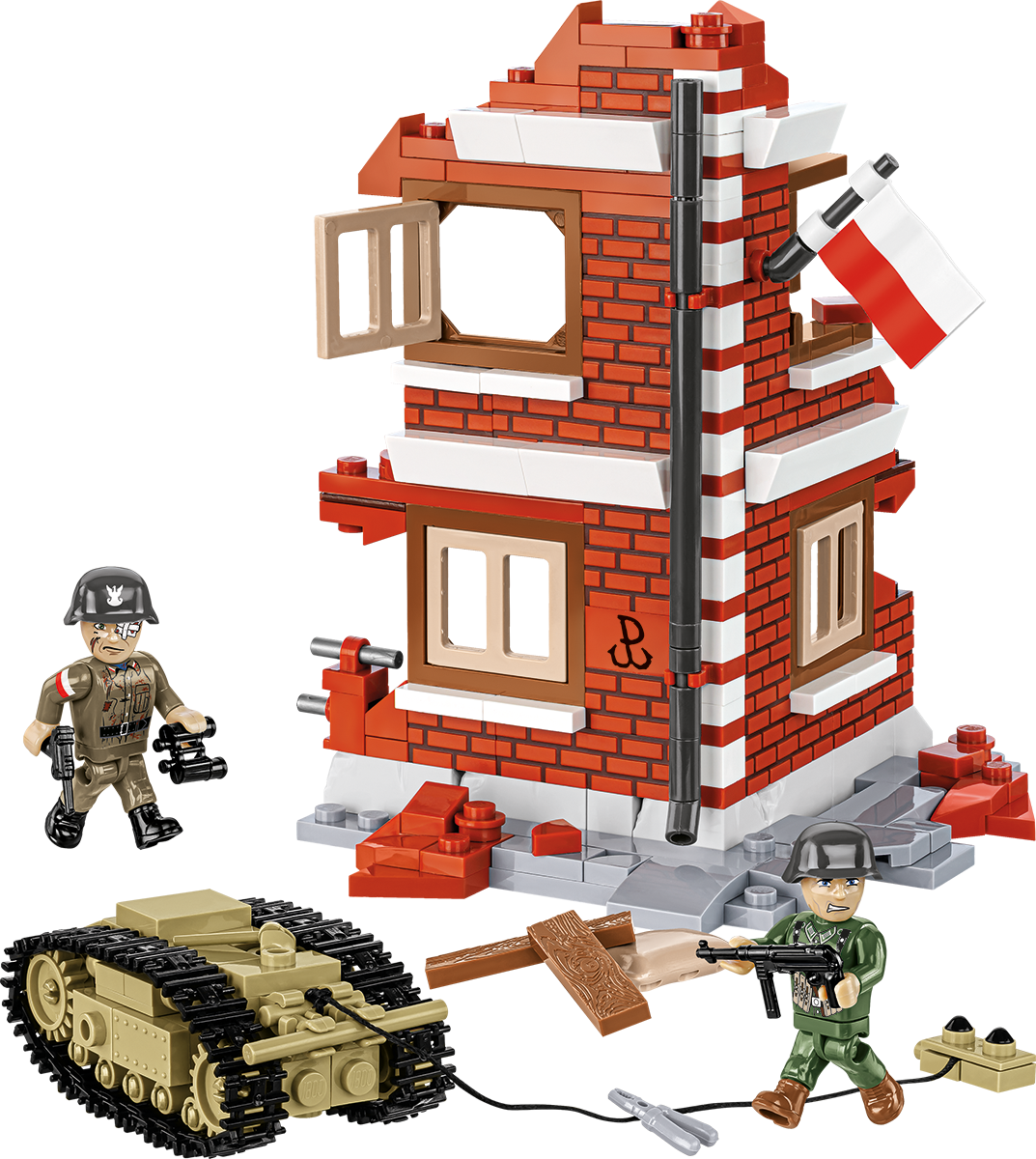 Un set de bloques de construcción de juguete que muestra una casa de ladrillo rojo y blanco con ventanas, un tanque color arena y dos pequeñas figuras de soldados con rifles, dispuestos sobre un fondo blanco liso.
