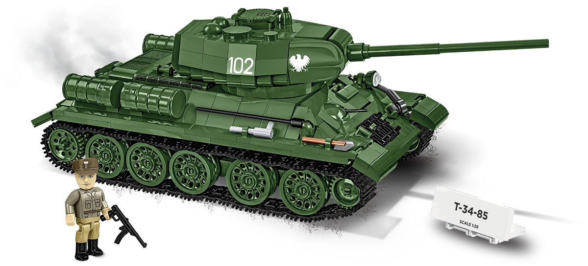 COBI T-34-85 set containing the brick tank model, figure and information plaque.