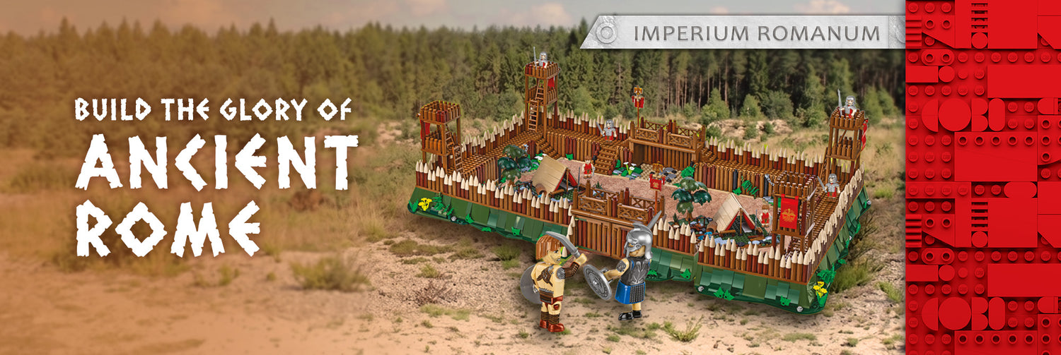 Promotional banner featuring the COBI Imperium Romanum Roman fort model with Roman soldier figures.