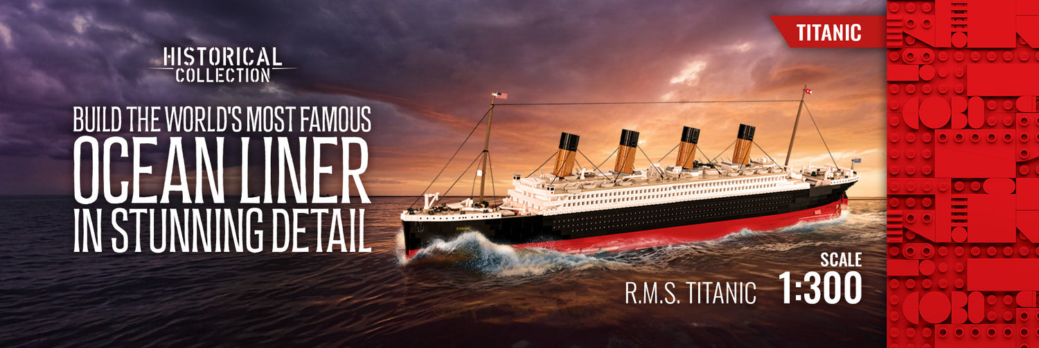 Promotional banner featuring the R.M.S. Titanic in 1:300 scale with the text “Build the world’s most famous ocean liner in stunning detail.