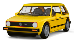 Un Volkswagen Golf GTI compacto de color amarillo brillante, visto en perspectiva frontal de tres cuartos sobre un fondo blanco limpio.