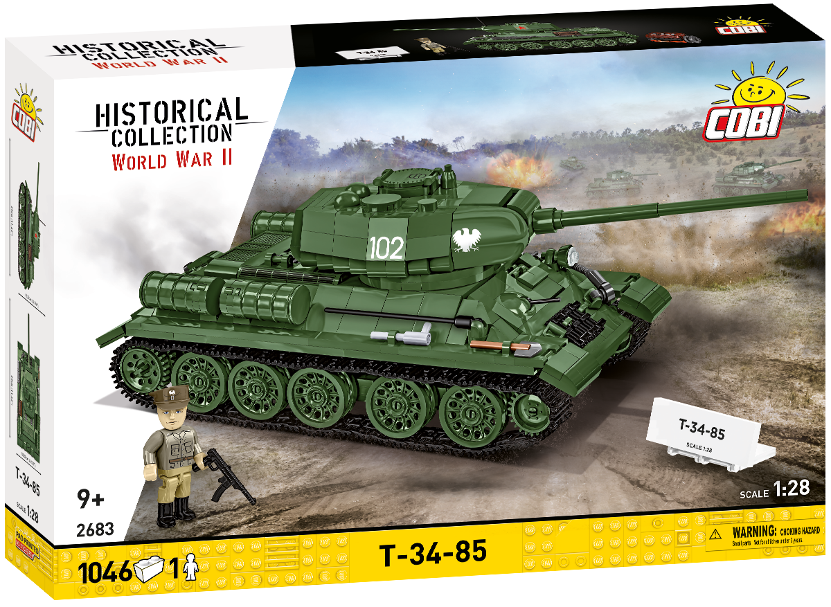 Front of the COBI T-34-85 2-in-1 (1:28 scale) brick set packaging.