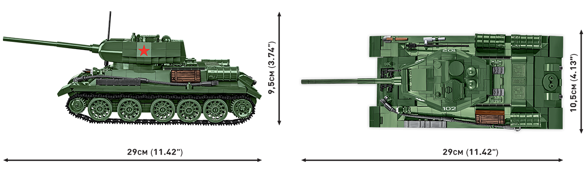 Side and top views of the T-34-85 model with dimensions indicated.
