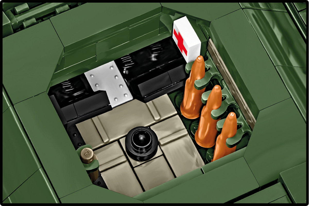 Close-up of the T-34-85 model's interior details and the removable brick-built engine model.