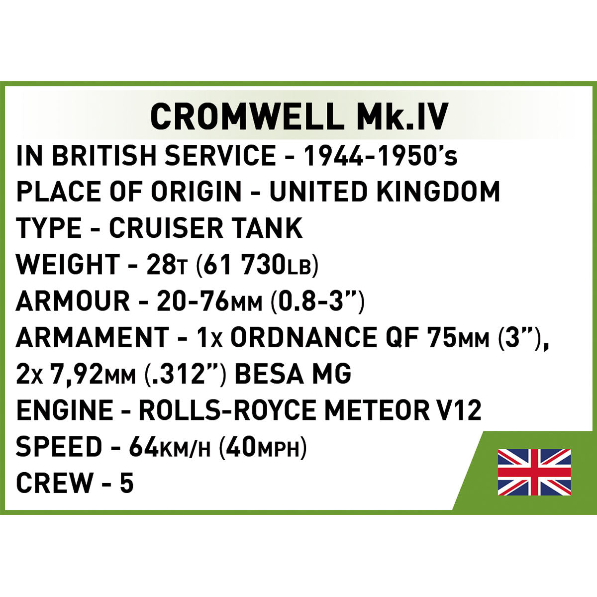 COBI Cromwell Mk. IV Tank 1:72 Scale: Set #3091