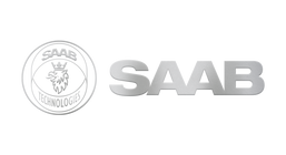 Silver metallic SAAB Technologies logo, featuring a circular emblem with a crowned lion on the left and the word 'SAAB' in large block letters on the right