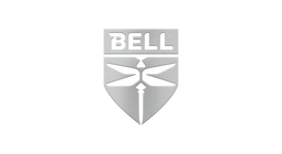 A silver metallic Bell shield logo emblem with a dragonfly motif on a plain white background.