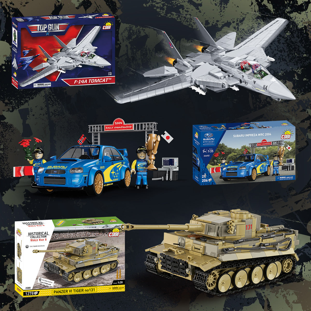 A collage showing multiple toy building-block sets: a gray fighter jet, a blue rally car with figures, a military car set, and a tan tank, each shown with its retail box on a dark textured background.
