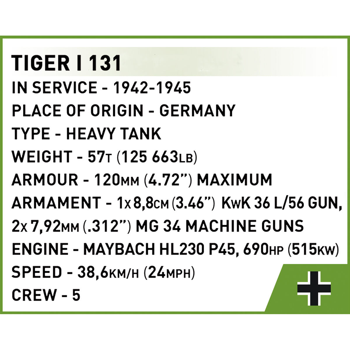 COBI Tiger I 131 Tank 1:72 Scale: Set #3095