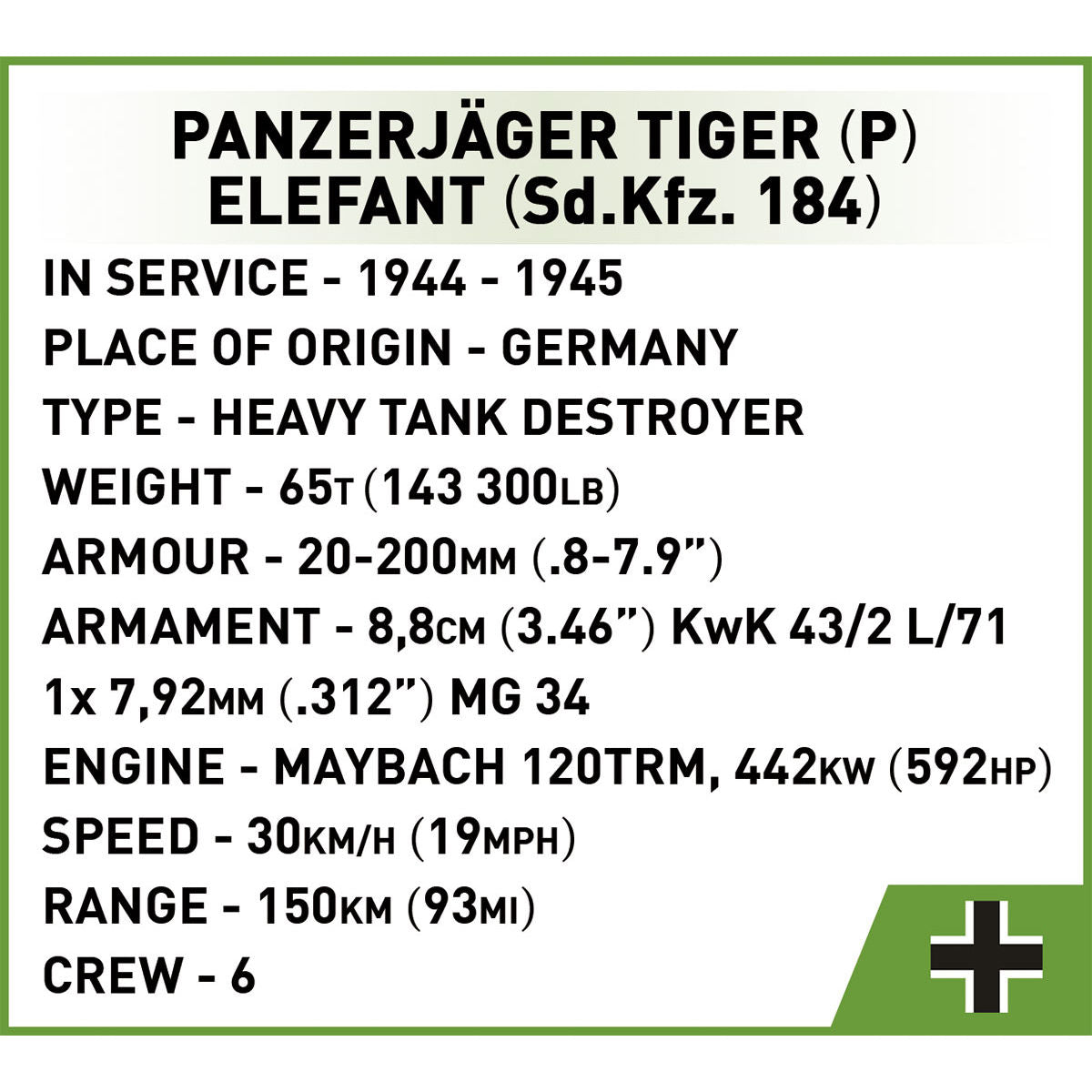 COBI PanzerJager Tiger (P) Elefant Tank Destroyer: Set n.° 2582