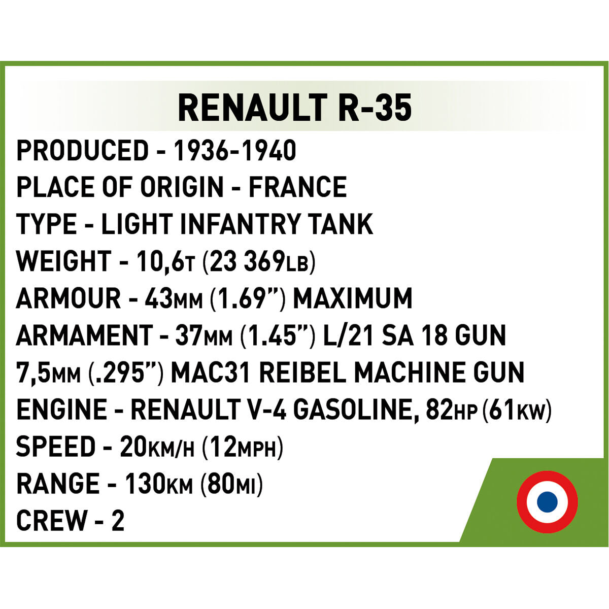 COBI Renault R-35 Tank 1:48: Set #2719