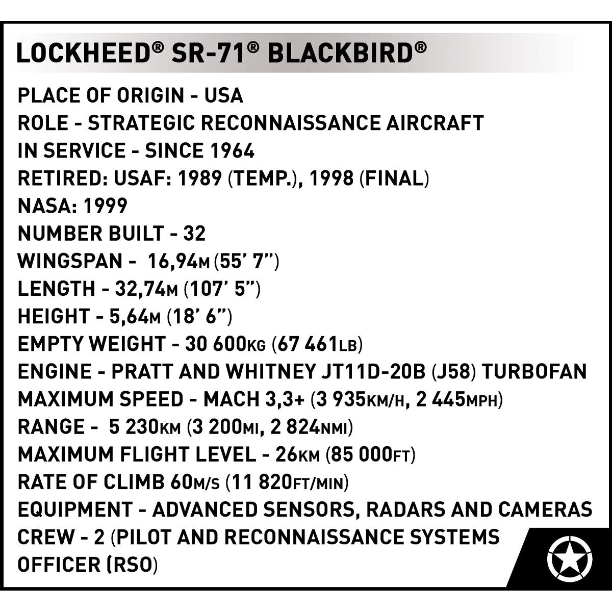 EDICIÓN EJECUTIVA COBI Lockheed SR-71 Blackbird: Set n.° 5890