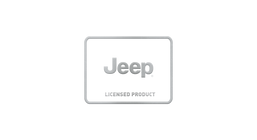 A rectangular silver badge with rounded corners featuring the Jeep logo and the words 'LICENSED PRODUCT' 